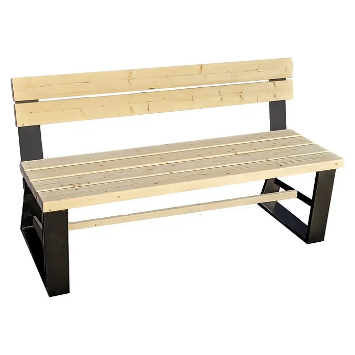 Joda Gartenbank Seeland - B x T x H: 161 x 40 x 80 cm, Fichte, Stahl, Natur/Schwarz - Eine Gartenbank mit Holzsitzen und Rückenlehne auf einem stabilen, schwarzen Metallgestell für den Außenbereich.