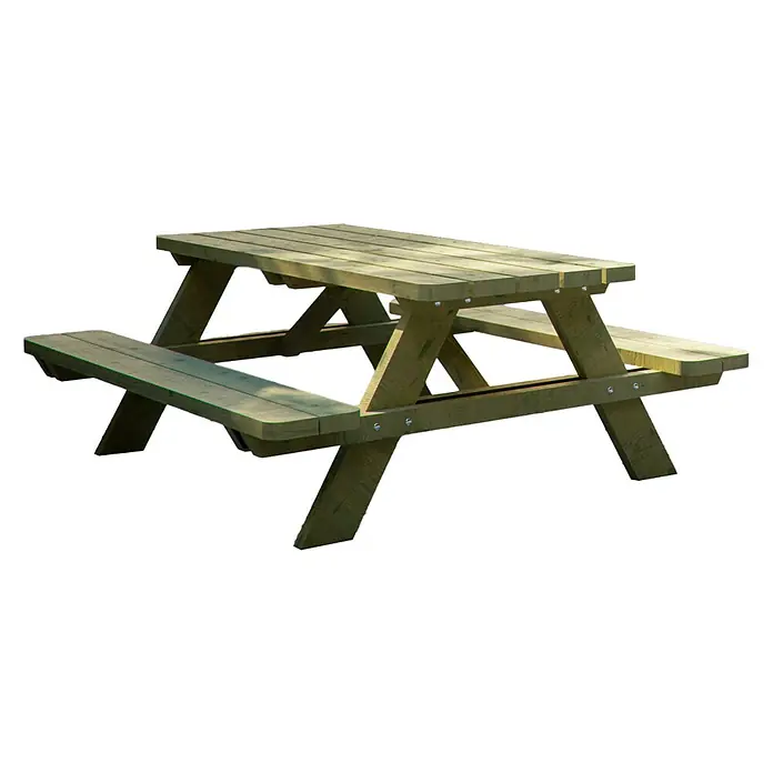 Joda Picknicktisch Weser - L x B x H: 165 x 180 x 70 cm, Kiefer, Natur - Diese Aufnahme zeigt eine detailreiche Nahaufnahme eines robusten Picknicktisches aus Holz im Freien. Perfekt für entspannte Stunden im Garten oder Park.