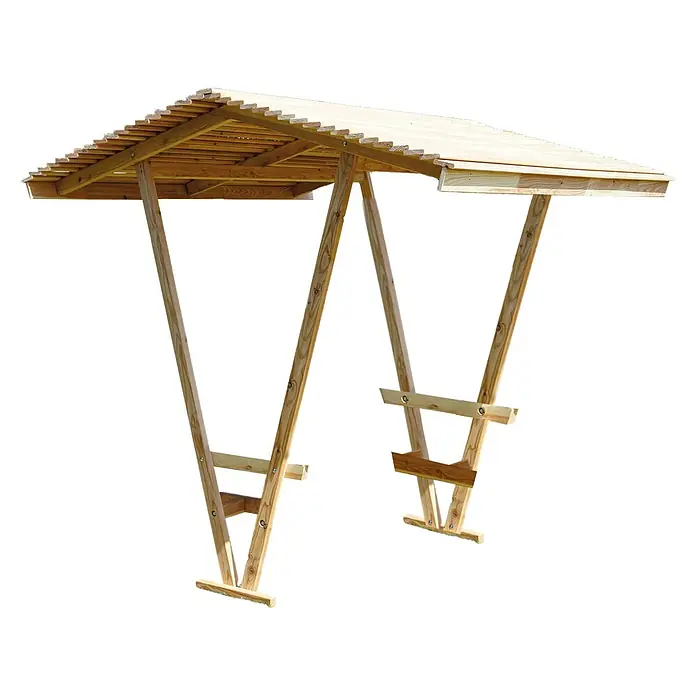 Joda Dachmodul Weser - L x B: 209 x 212 cm, Holz, Natur, Satteldach - Ansicht eines Holzschaukelsatzes mit geneigtem Dach, der für den Außenbereich entwickelt wurde und eine robuste und wetterfeste Konstruktion aufweist.