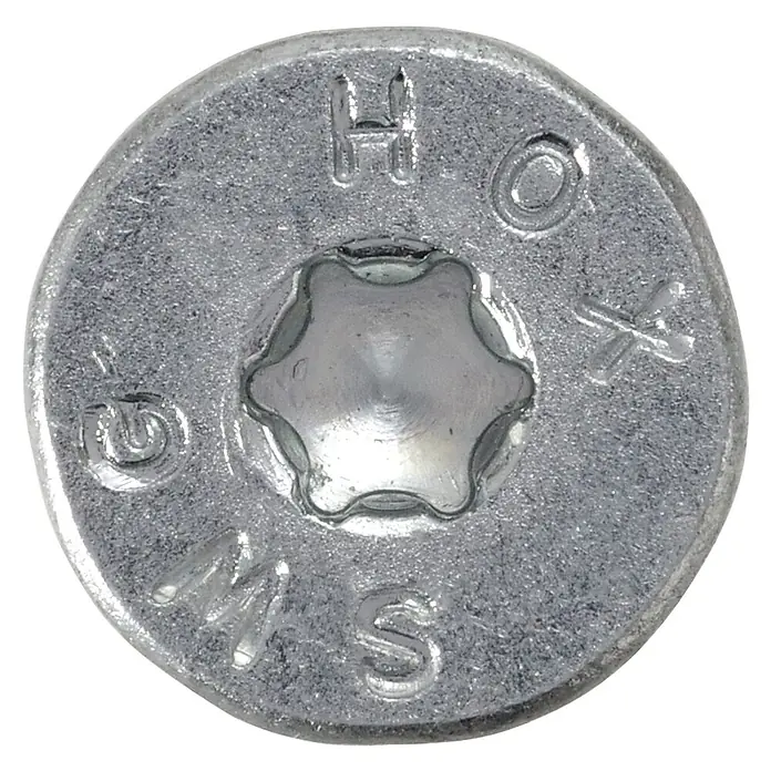 SWG Holzschraube - Ø x L: 4,5 x 40 mm, Verzinkt, Senkkopf, Gesamtstückzahl: 400 Stk. - Nahaufnahme einer Torx-Schraube mit flachem Kopf. Die Schraube ist aus Metall und weist Markierungen auf dem Kopf auf.