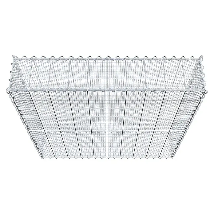 Gabiona Gabione - 100 x 20 x 100 cm, Maschenbreite: 10 cm, Maschenhöhe: 10 cm, Splittgabione - Das Bild zeigt einen leeren Gabionenkorb aus Drahtgeflecht. Er ist bereit, mit Steinen oder anderen Materialien gefüllt zu werden.\n