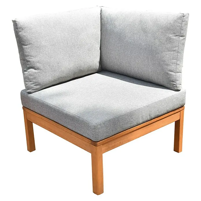Joda Loungesofa-Eckelement Ballina - L x B x H: 79 x 79 x 62 cm, Eukalyptus, Grau - Ein grauer Lounge-Eckstuhl mit Holzrahmen. Die Sitz- und Rückenkissen sind grau und quadratisch.