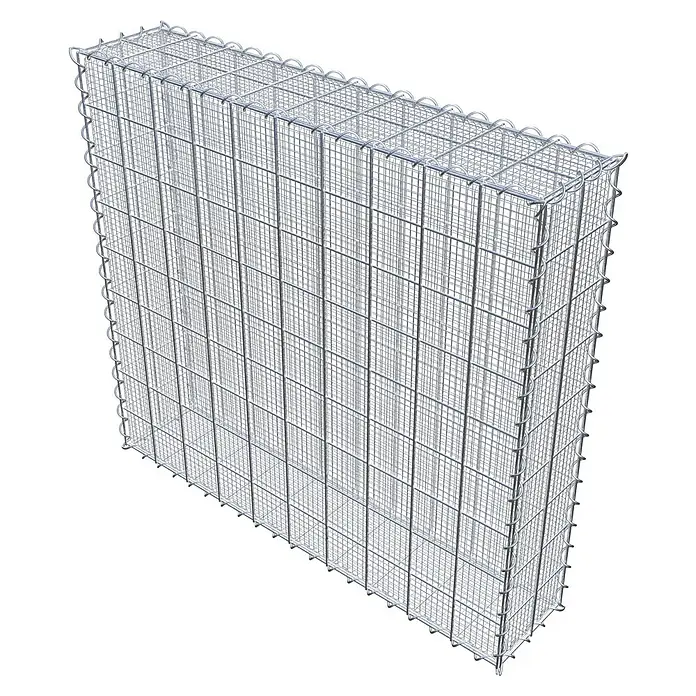 Gabiona Gabione - 100 x 20 x 90 cm, Maschenbreite: 10 cm, Maschenhöhe: 10 cm, Splittgabione - Das Bild zeigt eine rechteckige Gabione aus verzinktem Drahtgeflecht, die eine stabile Struktur für verschiedenste Anwendungen im Garten- und Landschaftsbau bietet.