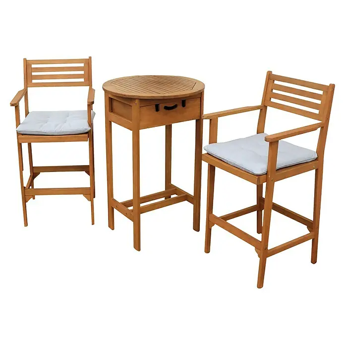 Joda Gartenbar-Set Albany - 3 -tlg., Eukalyptus, Natur - Gartenbar-Set aus Holz mit zwei Hockern und einem Tisch mit Schublade für den stilvollen Außenbereich.