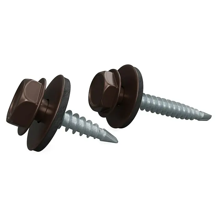Metdach Schrauben - Braun, Ø x L: 4,8 x 35 mm, 50 Stk. - Nahaufnahme von zwei braunen Dachbauschrauben mit Sechskantkopf und Dichtungsscheibe auf schwarzem Hintergrund.