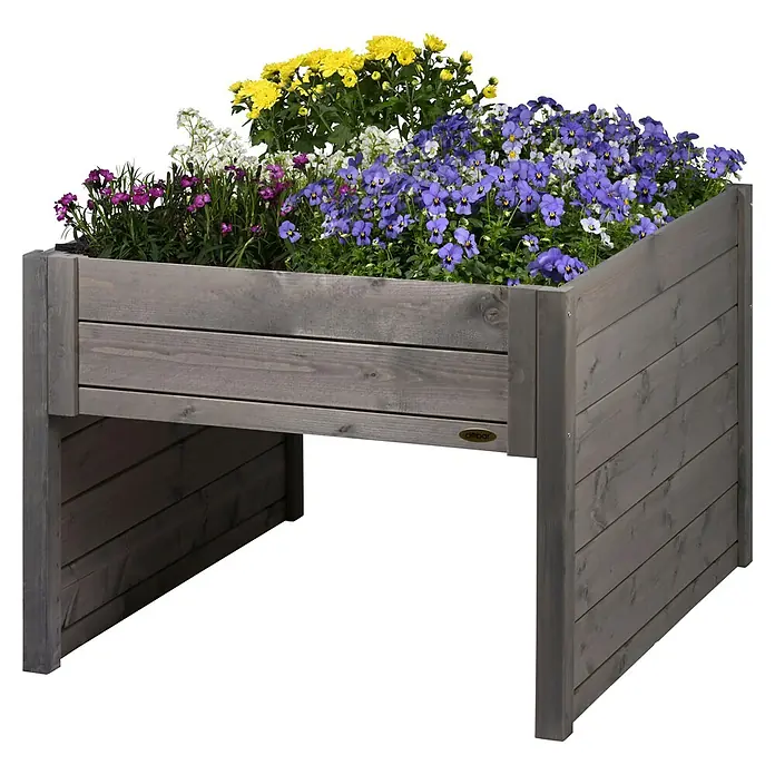 Dobar Mähroboter-Garage - L x B x H: 73 x 79 x 56 cm, Grau - Graue, hölzerne Pflanzkiste mit farbenfrohen Blumen in Gelb-, Lila- und Weißtönen, ideal für Garten und Terrasse.