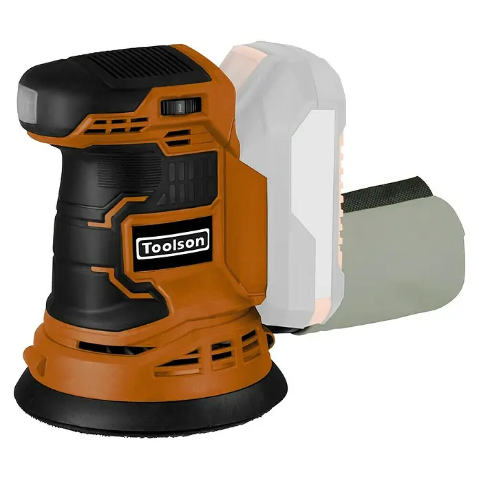 Toolson PRO Juego de máquinas - 18 V, 1 batería, 4 Ah, 6 pzs. - Imagen de una lijadora orbital aleatoria Toolson, una herramienta utilizada para lijar y alisar superficies, adecuada para diversos proyectos de bricolaje y profesionales.
