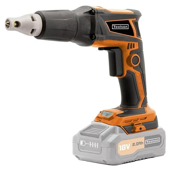 Toolson PRO Juego de máquinas - 18 V, 2 baterías, 2 Ah, 6 pzs. - Primer plano de un atornillador para paneles de yeso Toolson. Cuenta con una batería naranja y la marca Toolson en un cuerpo negro.
