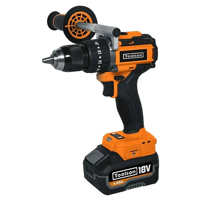Toolson PRO Taladro atornillador percutor de batería PBL 100 - 18 V, 2 baterías, 4 Ah, 100 Nm - Taladro inalámbrico Toolson con mango auxiliar y batería de 18V, perfecto para taladrar y atornillar en varios materiales.