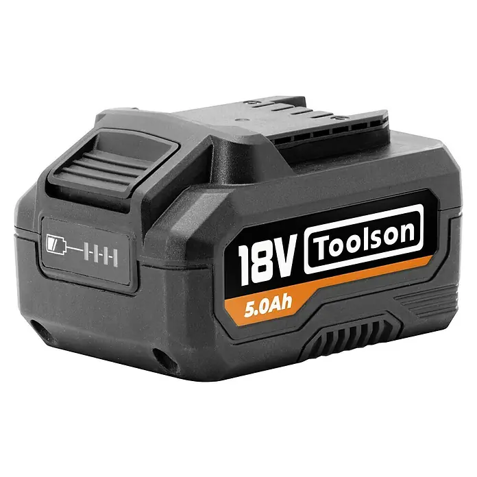 Toolson PRO Batería L20 - 18 V, 5 Ah, Iones de litio - Imagen de una batería negra Toolson 18V 5.0Ah con indicador de nivel de carga integrado para herramientas eléctricas.