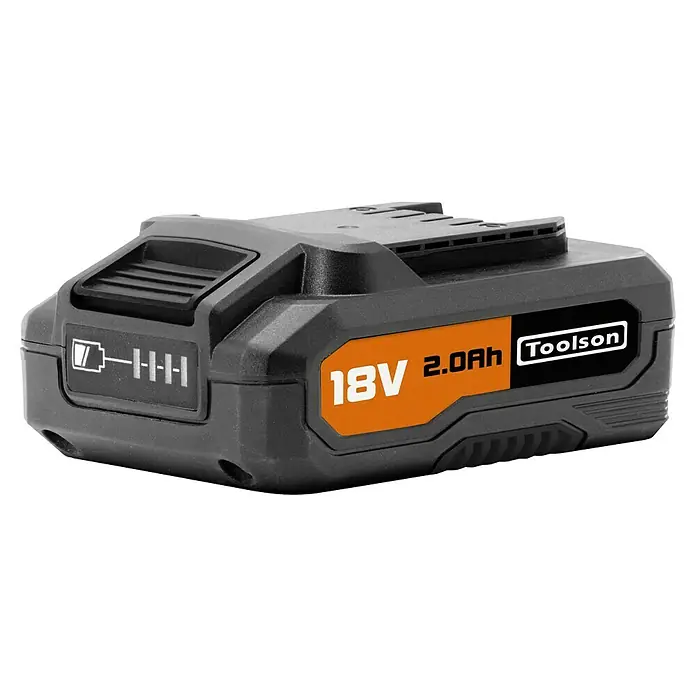 Toolson PRO Batería L20 - 18 V, 2 Ah, Iones de litio - Imagen de una batería Toolson de 18V 2.0Ah, mostrando el nivel de carga. Una fuente de alimentación fiable para herramientas.