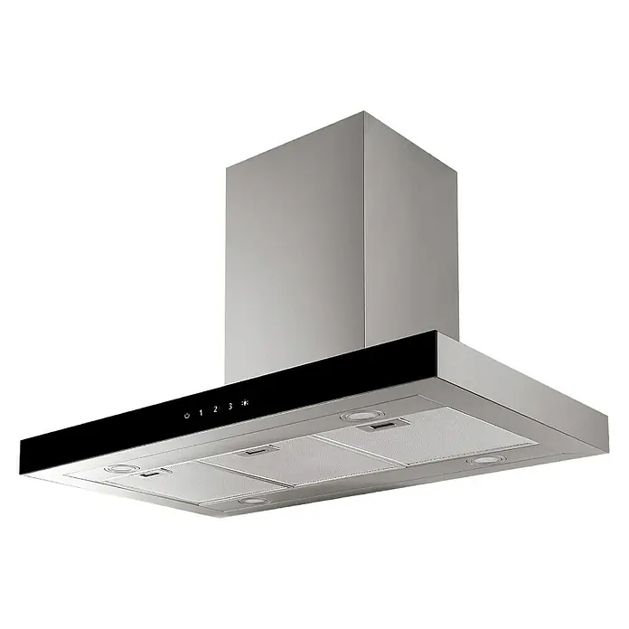 Respekta Premium Inselküche RP280IEWCBO - Breite: 280 cm, Weiß, Mit Elektrogeräten - Nahaufnahme einer modernen Dunstabzugshaube aus Edelstahl mit schwarzer Blende und Bedienknöpfen.
