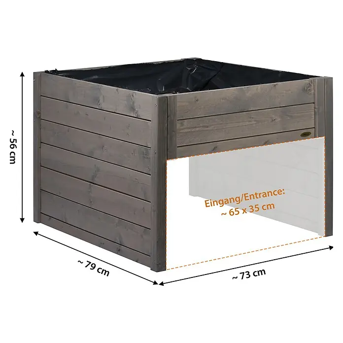 Dobar Mähroboter-Garage - L x B x H: 73 x 79 x 56 cm, Grau - Ein grauer, rechteckiger Pflanzkasten aus Holz mit einer Öffnung an der Seite, ideal für den Garten oder die Terrasse.