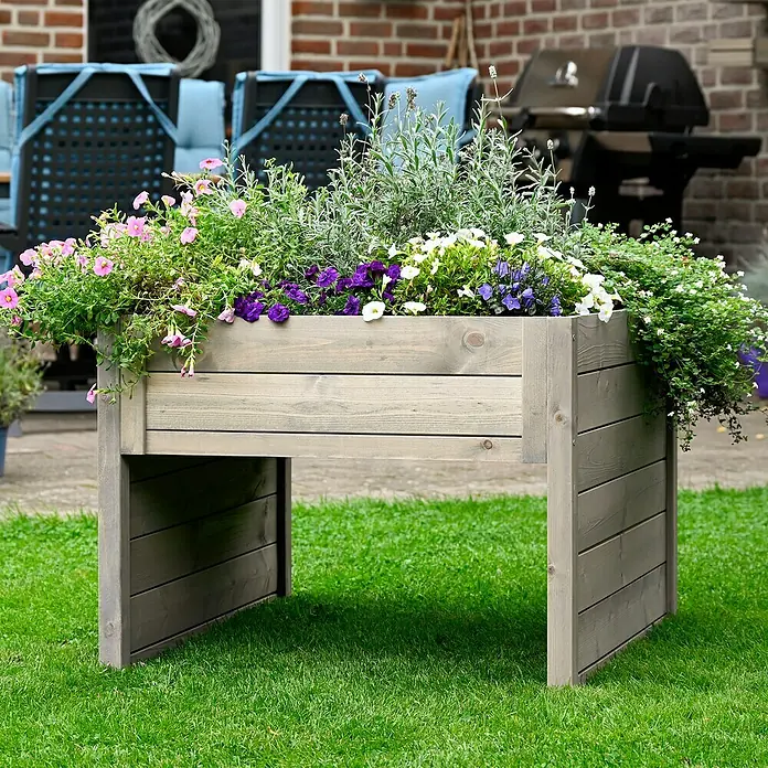 Dobar Mähroboter-Garage - L x B x H: 73 x 79 x 56 cm, Grau - Ein erhöhter Pflanzkasten aus Holz mit einer bunten Blumenmischung, ideal für Garten, Terrasse oder Balkon. Er ist robust und einfach zu montieren.