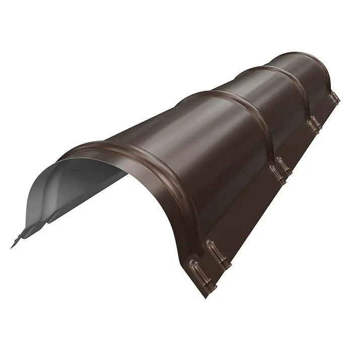 Metdach Dachfirst - Mahagoni, 200 x 28 cm, Stahl - Detailaufnahme einer braunen Dachrinne, die für die Ableitung von Regenwasser von Dächern konzipiert ist. Metallisch glänzend und robust.