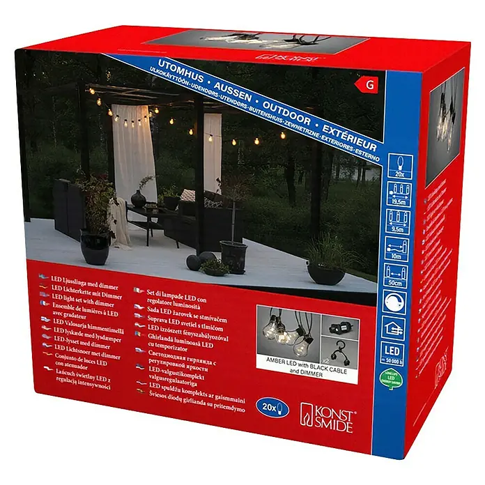 Konstsmide LED-Lichterkette - Lichtfarbe: Bernstein, Schutzart: IP44 - Box mit einer dimmbaren LED-Lichterkette für den Außenbereich mit bernsteinfarbenen LED-Leuchten und schwarzem Kabel.