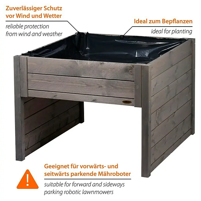 Dobar Mähroboter-Garage - L x B x H: 73 x 79 x 56 cm, Grau - Ein erhöhter Kräutergarten aus grauem Holz mit einer schwarzen Auskleidung, perfekt für den Anbau von Kräutern und Blumen.
