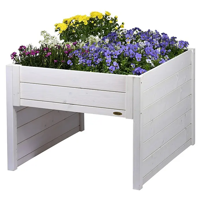 Dobar Mähroboter-Garage - L x B x H: 73 x 79 x 56 cm, Weiß - Hochbeet aus Holz mit farbenfrohen Blumen bepflanzt. Der erhöhte Pflanzkasten ist weiß gestrichen und bietet Platz für verschiedene Blumen.