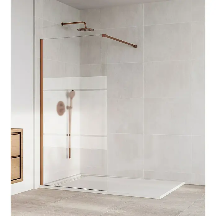 GME Mampara de ducha fija Screen Frost - An x Al: 68 x 195 cm, Vidrio serigrafiado, Cobre - Cabina de ducha moderna con marco y accesorios de color bronce. La cabina de ducha tiene un diseño minimalista y se integra perfectamente en el baño.