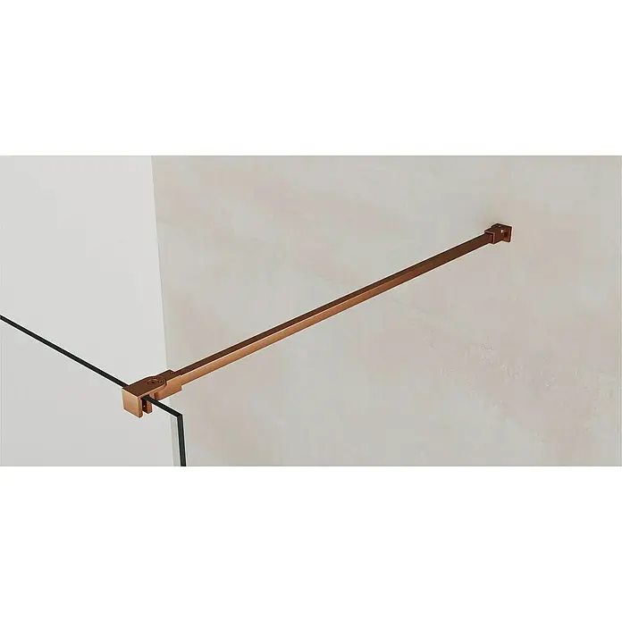 GME Mampara de ducha fija Screen Frost - An x Al: 68 x 195 cm, Vidrio serigrafiado, Cobre - Primer plano de una cabina de ducha con un elegante brazo de estabilización color bronce que asegura el panel de vidrio y realza su atractivo estético.