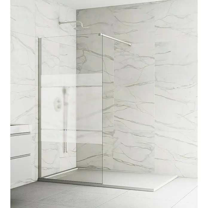 GME Mampara de ducha fija Screen Frost - An x Al: 78 x 195 cm, Vidrio serigrafiado, Nickel - Moderna ducha con paneles de vidrio transparente y elegantes accesorios contra una pared de mármol. El diseño minimalista añade un toque de lujo.