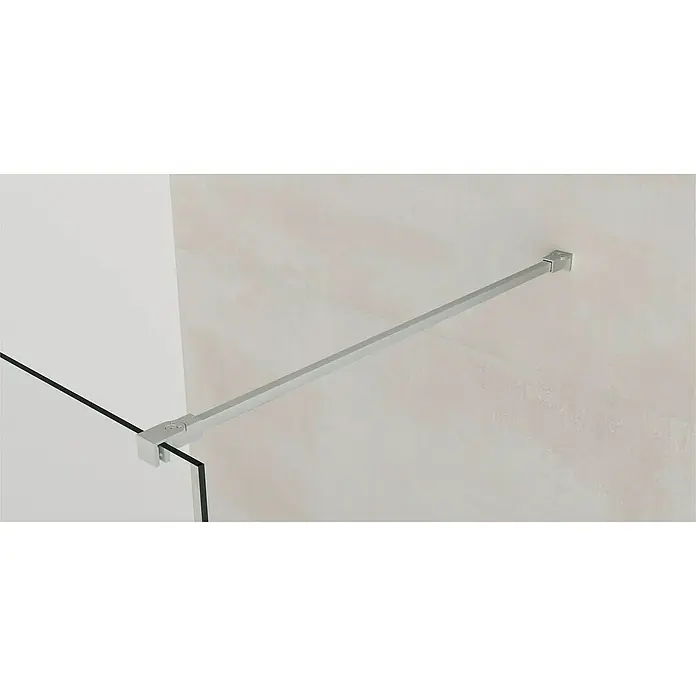GME Mampara de ducha fija Screen Frost - An x Al: 78 x 195 cm, Vidrio serigrafiado, Nickel - Primer plano de una cabina de ducha con una barra estabilizadora fijada a la pared, que garantiza estabilidad y seguridad.