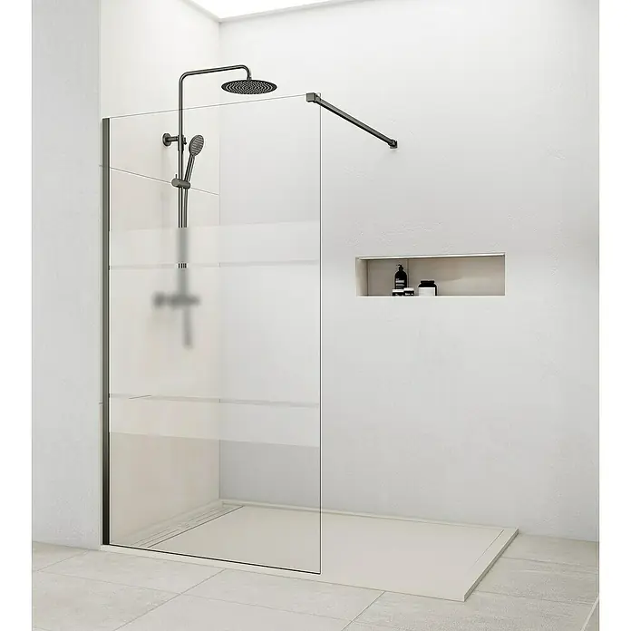 GME Mampara de ducha fija Screen Frost - An x Al: 98 x 195 cm, Vidrio serigrafiado, Titanio - Moderno baño con una elegante mampara de ducha con marco y accesorios oscuros, que ofrece un diseño elegante.