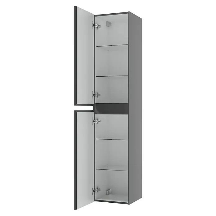 Space Hochschrank - 33,9 x 35 x 169 cm, Anthrazit - Grauer Badezimmerschrank mit offenen Türen und Glasablagen. Das perfekte Möbelstück, um Ordnung in Ihr Badezimmer zu bringen.