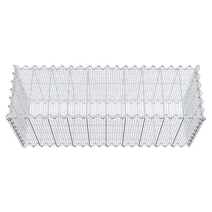 Gabiona Gabione - 100 x 30 x 40 cm, Maschenbreite: 10 cm, Maschenhöhe: 10 cm, Splittgabione - Nahaufnahme eines Gabionenkorbes aus verzinktem Drahtgeflecht. Ein robustes, langlebiges Produkt für den Garten- und Landschaftsbau.