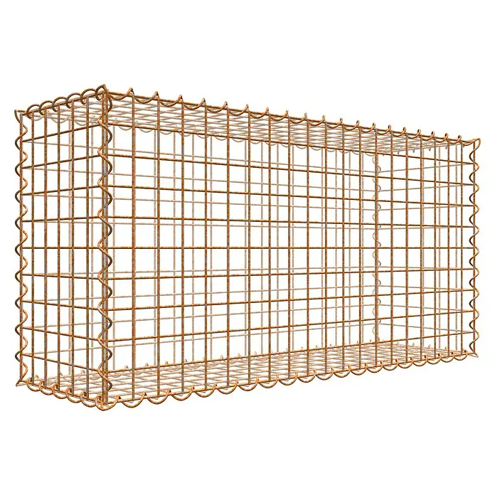 Gabiona Gabione - 100 x 30 x 50 cm, Maschenbreite: 5 cm, Maschenhöhe: 5 cm, Unverzinkt - Abbildung eines rechteckigen Gabionenkorbs aus rostigem Drahtgitter, ideal für Landschaftsbau und dekorative Stützmauern im Garten.