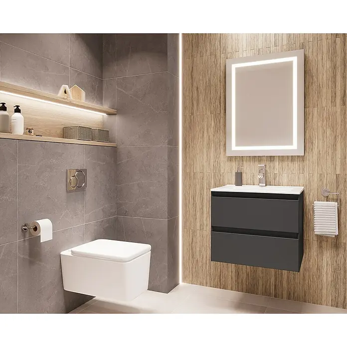 Space Waschtischunterschrank - 60 x 46 x 50 cm, Anthrazit - Ein modernes Badezimmer mit einem grauen Waschtisch mit Unterschrank, einem beleuchteten Spiegel und einer schwebenden Toilette.