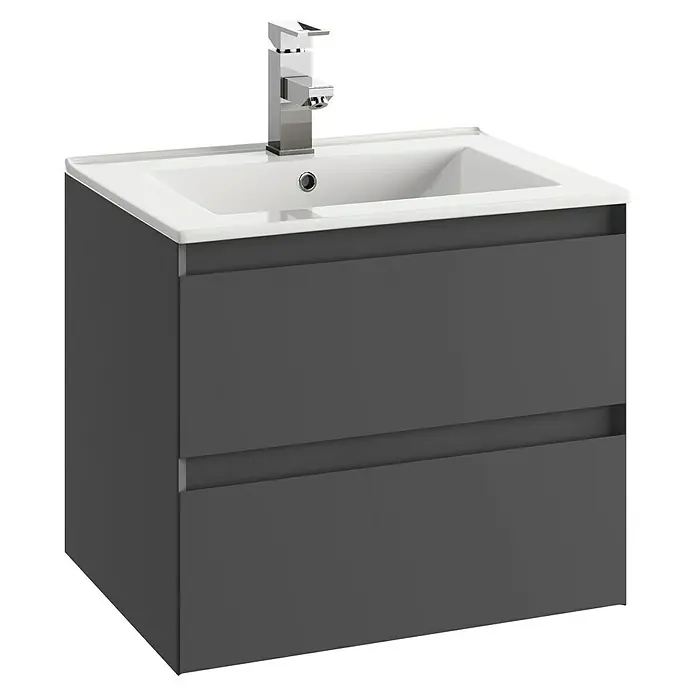 Space Waschtischunterschrank - 60 x 46 x 50 cm, Anthrazit - Grauer Waschtischunterschrank mit zwei Schubladen und einem modernen Waschbecken mit Chromarmatur.