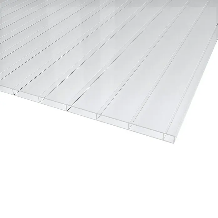 PLEXIGLAS® Acrylglas-Stegplatte Resist AAA SDP 16-64 - 3.000 x 1.200 x 16 mm, Acrylglas (PMMA), Transparent - Nahaufnahme einer klaren Polycarbonat-Stegplatte, die für ihre Lichtdurchlässigkeit und Strukturfestigkeit im Bauwesen verwendet wird.