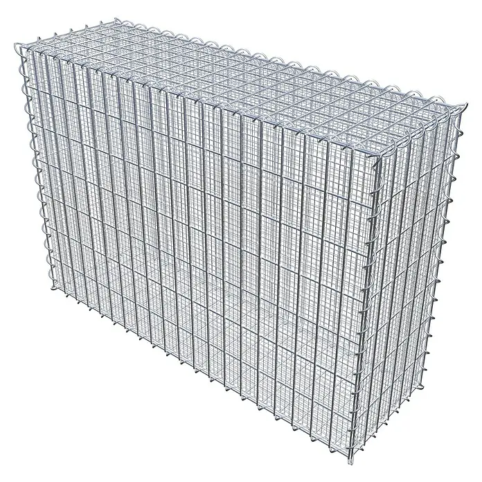 Gabiona Gabione - 100 x 30 x 70 cm, Maschenbreite: 5 cm, Maschenhöhe: 10 cm, Splittgabione - Ein detailliertes Bild eines Gabionenkorbs aus Drahtgeflecht. Die Konstruktion ist robust und zeigt eine regelmäßige Gitterstruktur.