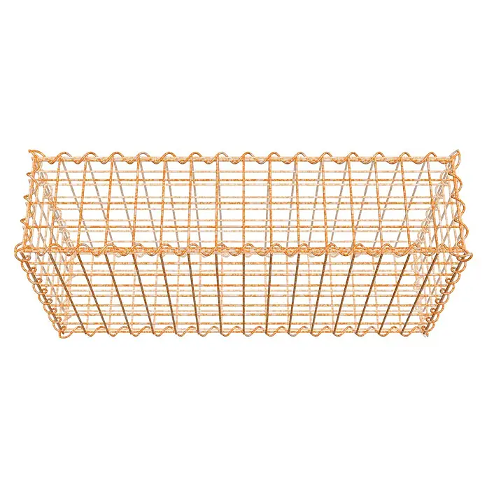 Gabiona Gabione - 80 x 20 x 40 cm, Maschenbreite: 5 cm, Maschenhöhe: 5 cm, Unverzinkt - Nahaufnahme eines rechteckigen Drahtkorbs in Goldoptik, ideal zur Aufbewahrung und Dekoration. Das rustikale Design verleiht jedem Raum einen Hauch von Vintage.