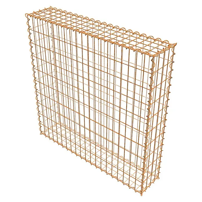 Gabiona Gabione - 100 x 20 x 100 cm, Maschenbreite: 5 cm, Maschenhöhe: 10 cm, Unverzinkt - Das Bild zeigt einen Gabionenkorb aus rostfarbenem Drahtgeflecht, der für den Garten- und Landschaftsbau geeignet ist.