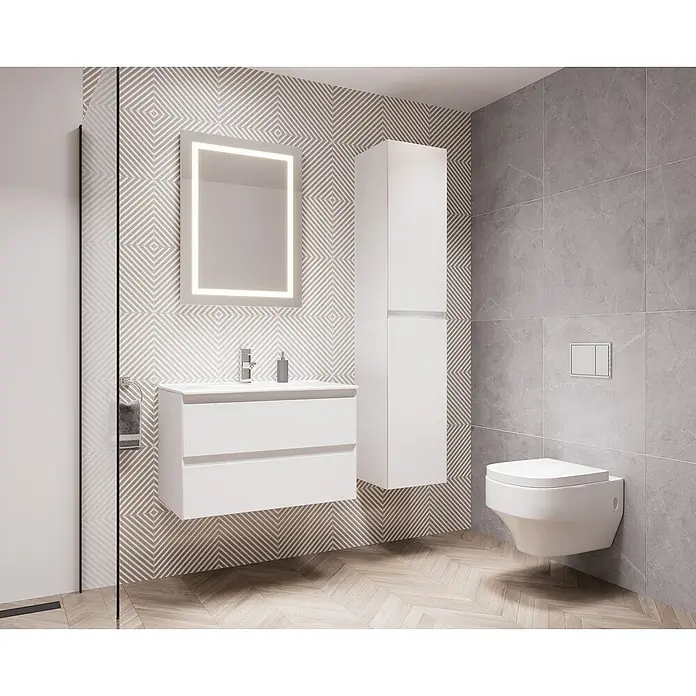 Space Einbauwaschbecken - 80 x 46 cm, Weiß - Modernes Badezimmer mit weißem Waschtisch mit Schubladen, Spiegelschrank und Hänge-WC. Elegantes Design und hochwertige Ausstattung.