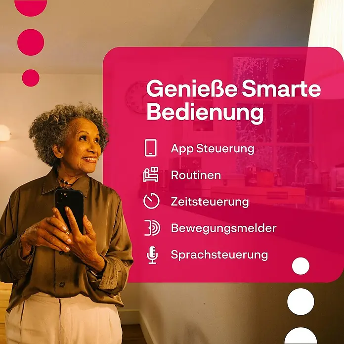 Innr Lighting Smart-LED-Lampen Set Spot White - GU10, Dimmbar, Warmweiß, 460 lm, 4,9 W, 2 Stk. - Smart Home Steuerung: Ältere Frau bedient ihr Smartphone, um ihr Zuhause zu steuern, mit App-, Zeit-, Sprachsteuerung und Bewegungsmelder.
