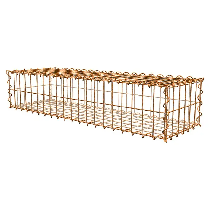 Gabiona Gabione - 100 x 30 x 20 cm, Maschenbreite: 5 cm, Maschenhöhe: 10 cm, Unverzinkt - Das Bild zeigt einen länglichen, rechteckigen Drahtkorb, der aus rostfarbenem Metalldraht gefertigt ist. Der Korb hat eine wellenförmige Oberkante.