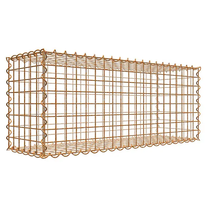 Gabiona Gabione - 100 x 30 x 40 cm, Maschenbreite: 5 cm, Maschenhöhe: 5 cm, Unverzinkt - Das Bild zeigt einen Gabionenkorb aus Draht, der für Steine oder andere Füllmaterialien gedacht ist. Der Korb hat eine rechteckige Form und ist aus rostfarbenem Draht gefertigt.