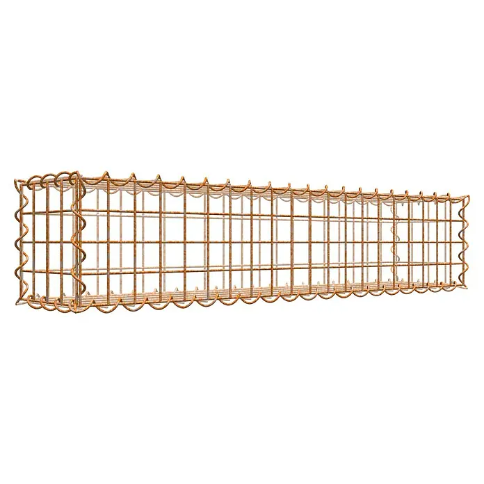 Gabiona Gabione - 100 x 20 x 20 cm, Maschenbreite: 5 cm, Maschenhöhe: 5 cm, Unverzinkt - Ein rechteckiger Bewehrungskäfig aus geripptem, rostfarbenem Stahl mit gewellten Enden, verwendet im Betonbau für zusätzliche Festigkeit.