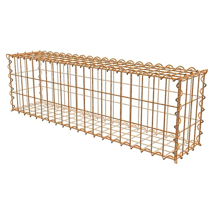 Gabiona Gabione - 100 x 20 x 30 cm, Maschenbreite: 5 cm, Maschenhöhe: 10 cm, Unverzinkt - Ein rechteckiger Gabionenkorb aus rostigem Drahtgeflecht, ideal für Gartenbau und Landschaftsgestaltung zur Hangbefestigung.