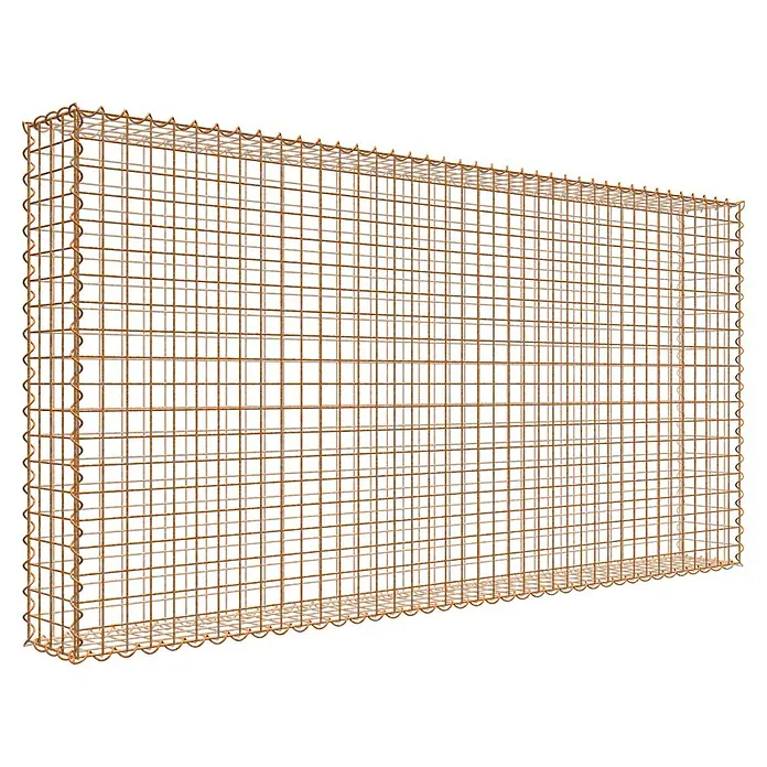 Gabiona Gabione - 200 x 20 x 100 cm, Maschenbreite: 5 cm, Maschenhöhe: 5 cm, Unverzinkt - Das Bild zeigt einen Gabionenkorb aus einem Drahtgitter. Der Gabionenkorb ist leer und bereit für die Befüllung mit Steinen oder anderen Materialien.