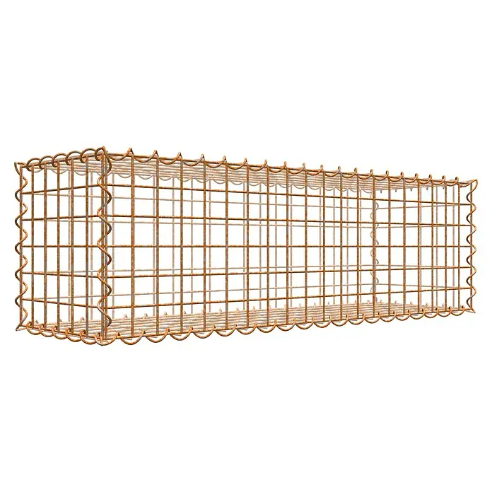 Gabiona Gabione - 100 x 30 x 30 cm, Maschenbreite: 5 cm, Maschenhöhe: 5 cm, Unverzinkt - Ein länglicher, rostfarbener Gabionen-Drahtkorb mit dekorativen Drahtenden, ideal für Gartenbau- und Landschaftsgestaltungsprojekte.