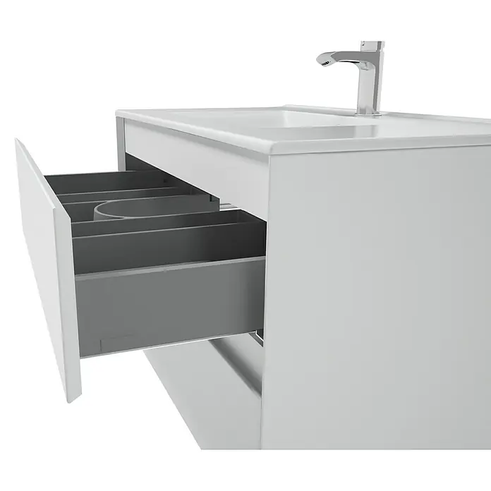 Space Waschtischunterschrank - 80 x 46 x 50 cm, Weiß - Schubladenelement eines weißen Waschtischs mit Auszug. Mit moderner Armatur und praktischen Fächern für mehr Ordnung im Bad.