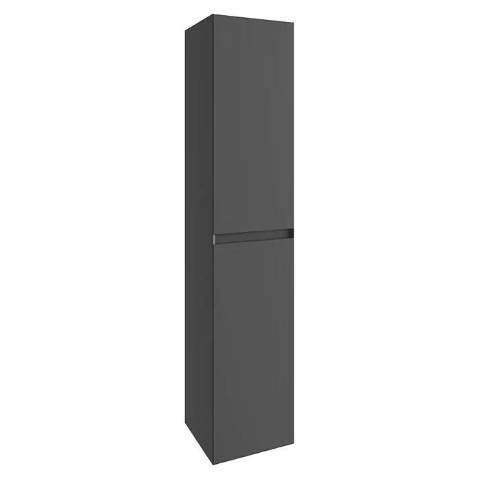 Space Hochschrank - 33,9 x 35 x 169 cm, Anthrazit - Ein moderner grauer Kühlschrank mit zwei Türen, ideal für jede Küche. Sein schlichtes Design fügt sich nahtlos in jeden Raum ein und bietet viel Stauraum.
