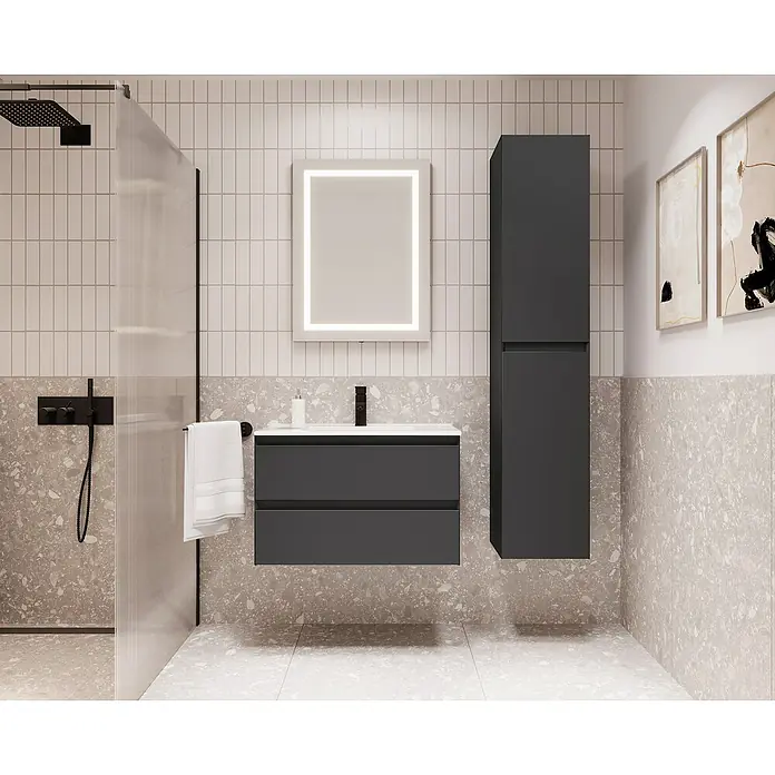 Space Einbauwaschbecken - 80 x 46 cm, Weiß - Modernes Badezimmer-Interieur mit Waschtisch, Spiegel und Hochschrank in Anthrazit. Elegantes Design für ein stilvolles Ambiente.
