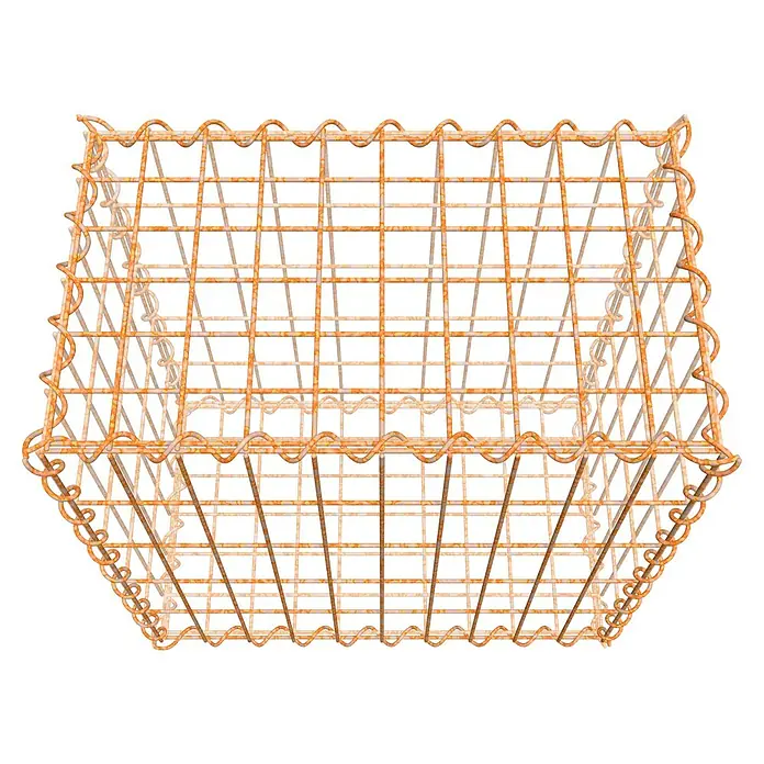 Gabiona Gabione - 50 x 30 x 50 cm, Maschenbreite: 5 cm, Maschenhöhe: 10 cm, Unverzinkt - Rostfarbener Drahtkorb mit quadratischem Gittermuster und gewellten Kanten. Ideal zur Aufbewahrung und Dekoration im Vintage-Stil.