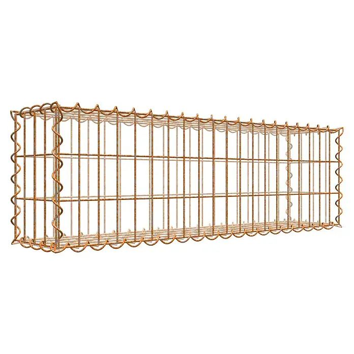 Gabiona Gabione - 100 x 20 x 30 cm, Maschenbreite: 5 cm, Maschenhöhe: 10 cm, Unverzinkt - Ansicht eines Gabionenkorbes, der aus einem rostfarbenen Drahtgitter besteht und für den Einsatz im Garten- und Landschaftsbau konzipiert ist.