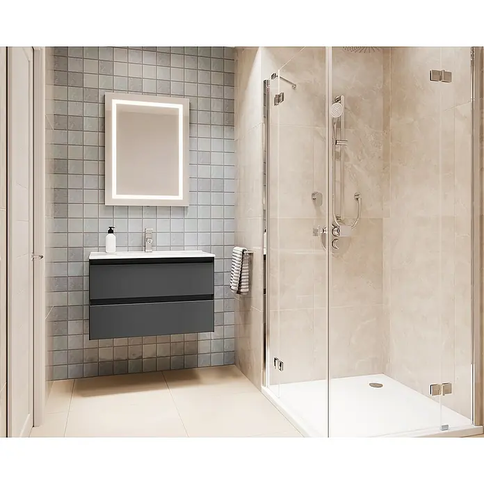 Space Einbauwaschbecken - 80 x 46 cm, Weiß - Modernes Badezimmer mit grauem Unterschrank, beleuchtetem Spiegel und begehbarer Dusche. Stilvolles Design für Ihr Zuhause.